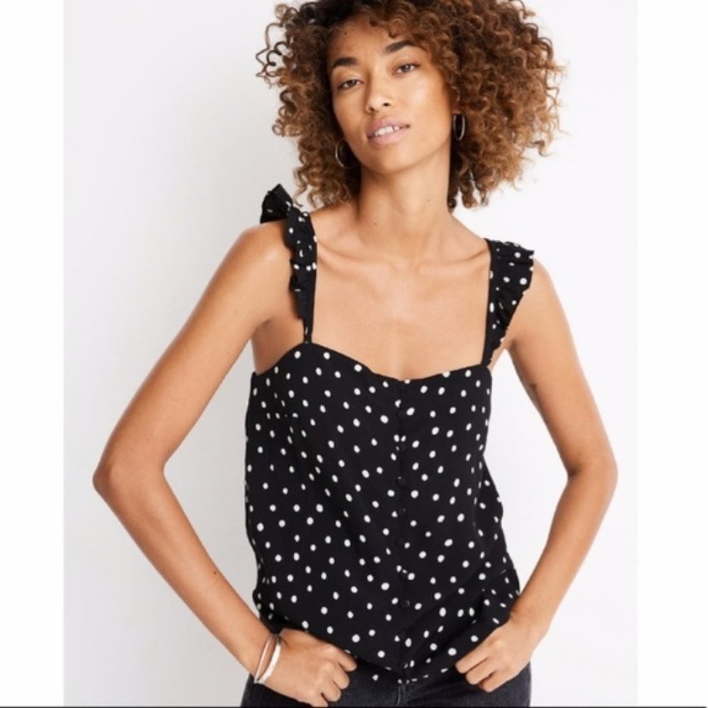 Madewell Black Polka dot Ruffle Strap Tank Top